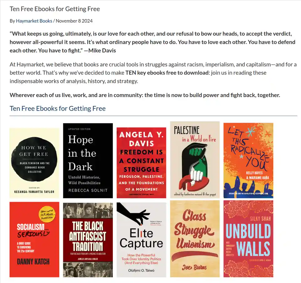 A webpage screenshot from Haymarket Books listing ten free downloadable ebooks with covers visible, including titles like…