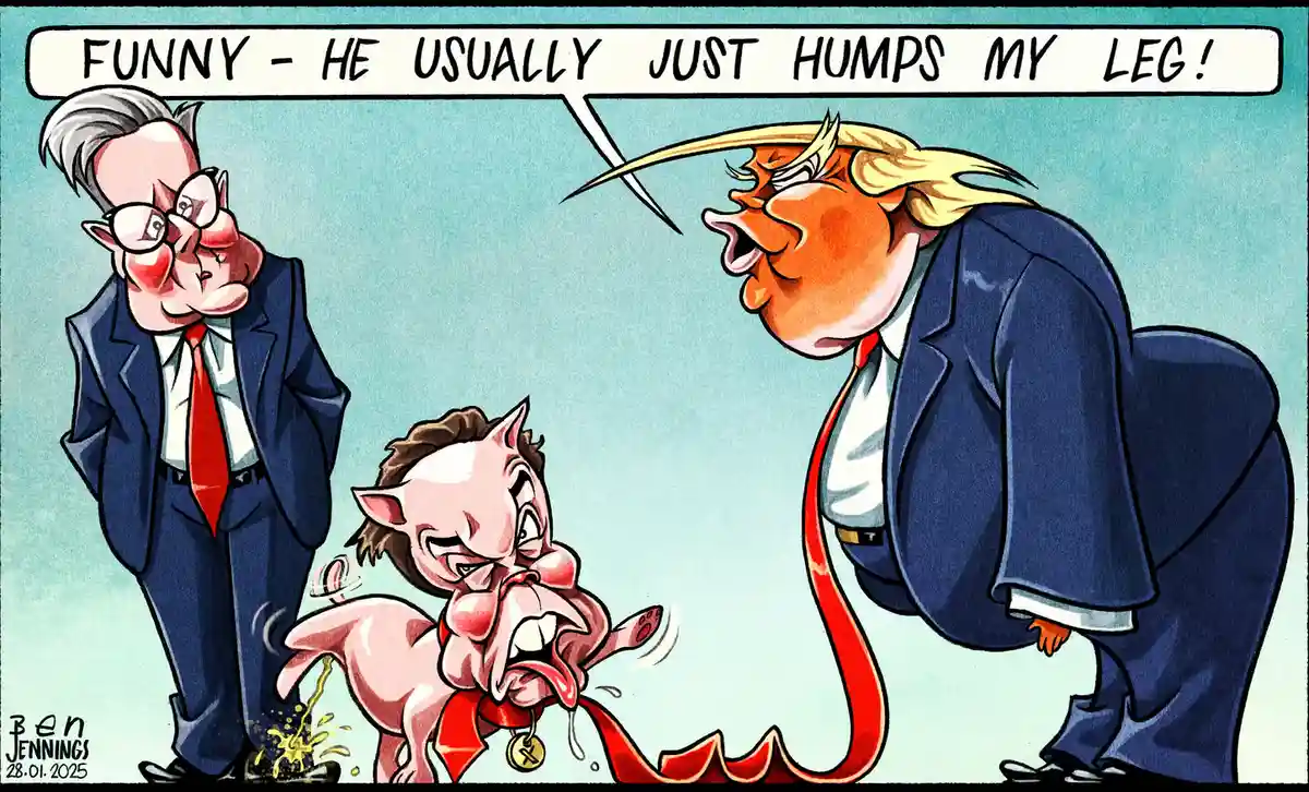 A cartoon depicts a caricature of Donald Trump leaning over and yelling at a small, demonic-looking creature with horns and…