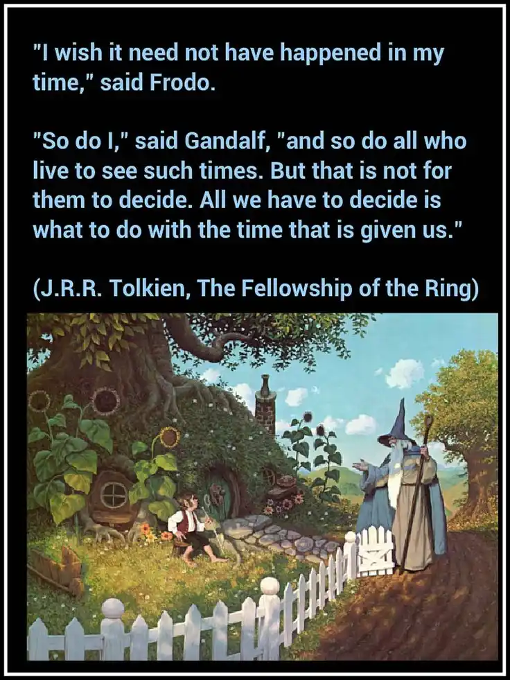 An illustrated scene from The Lord of the Rings shows Frodo Baggins sitting near a hobbit hole while Gandalf the Grey stands…