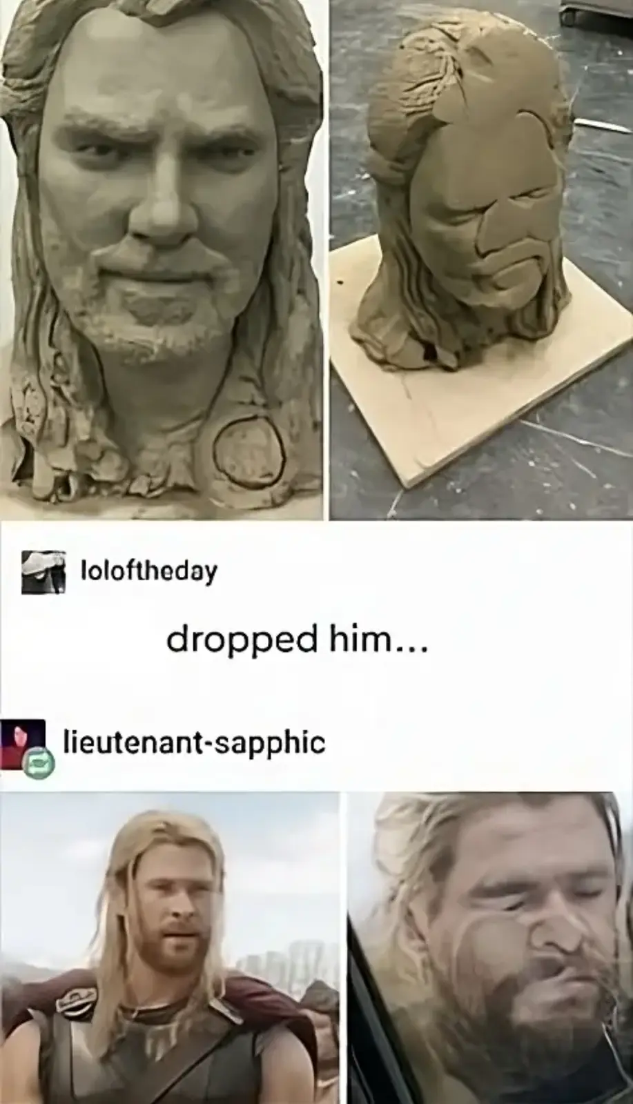 The image shows a clay sculpture of Thor's head, initially detailed and then shown as a rough, unfinished lump. Below, two…