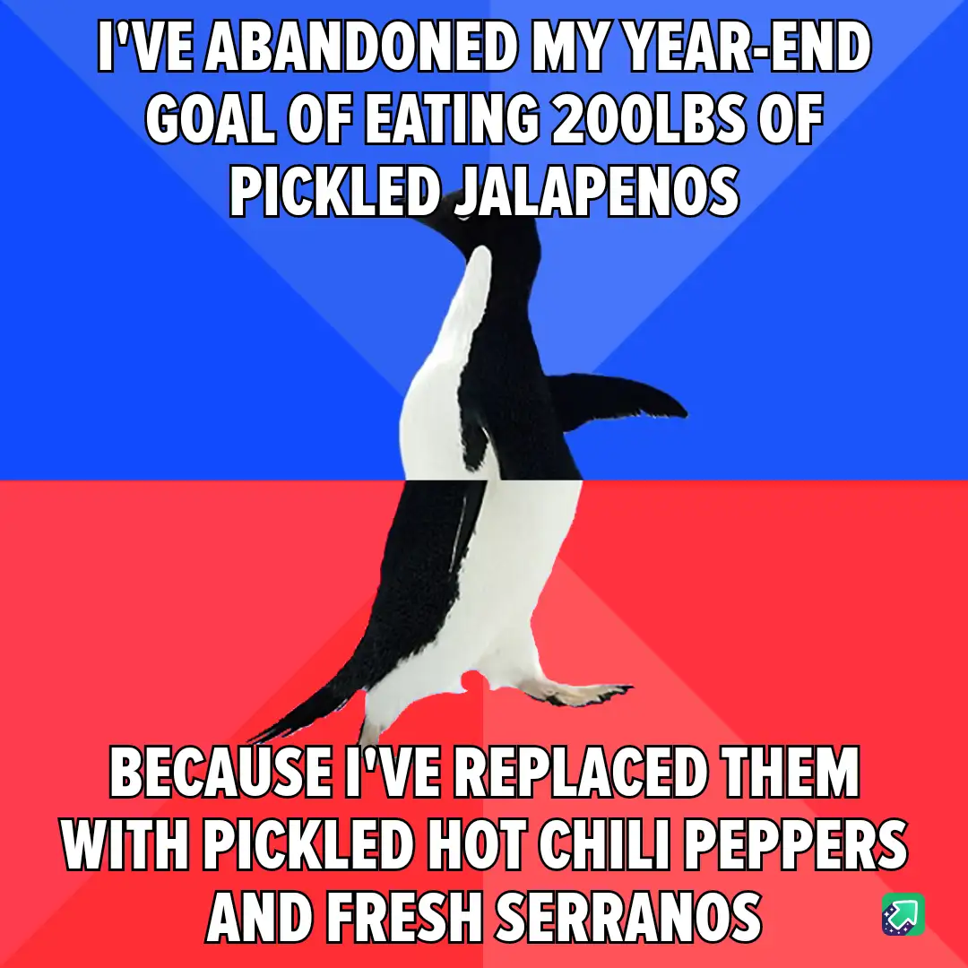 A penguin stands centered against a blue and red background, with bold white text overlaid in two sections. The top text…