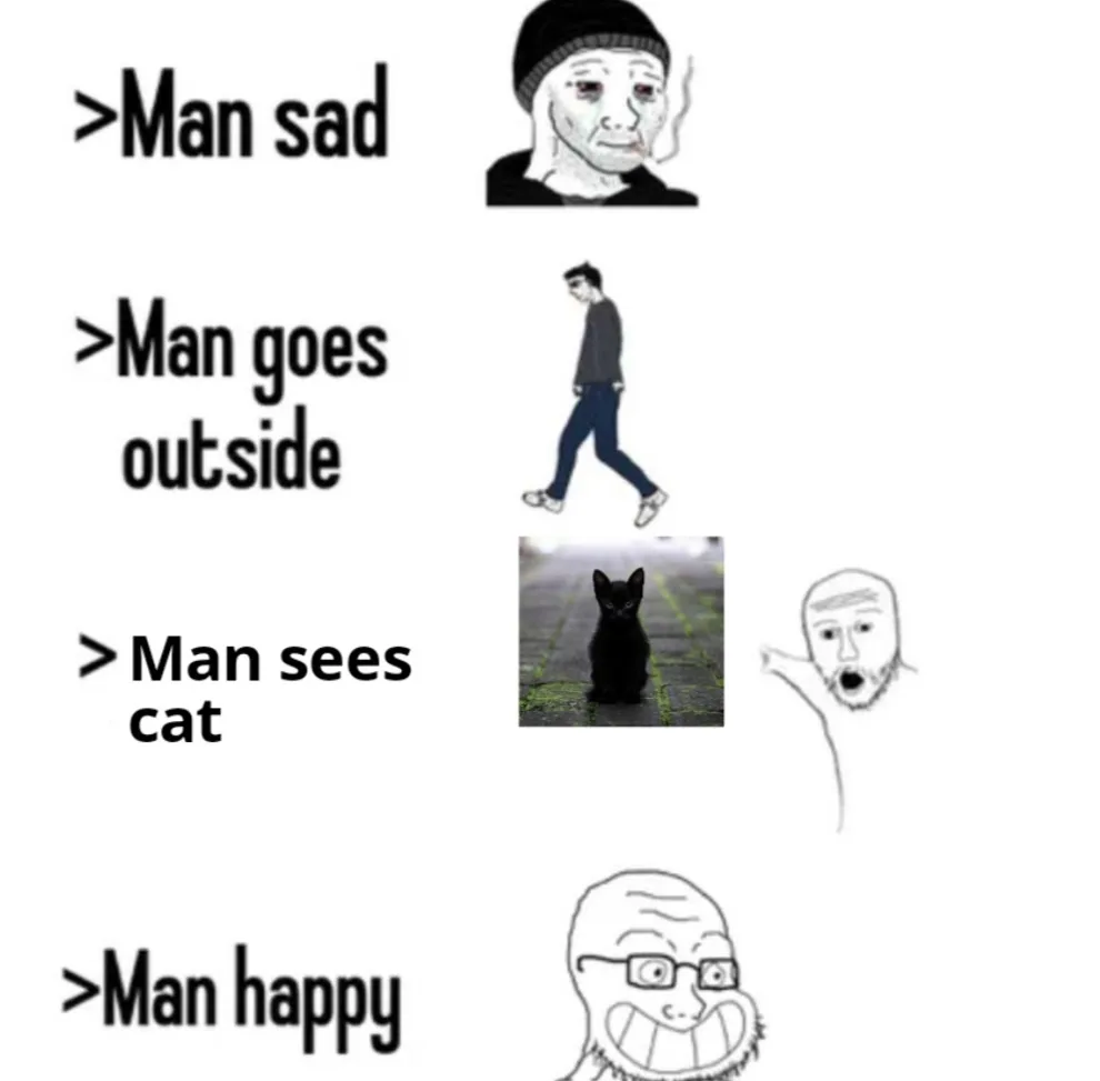 A four-panel meme showing a sad man, then walking outside, then seeing a black kitten which makes him happy, illustrated…
