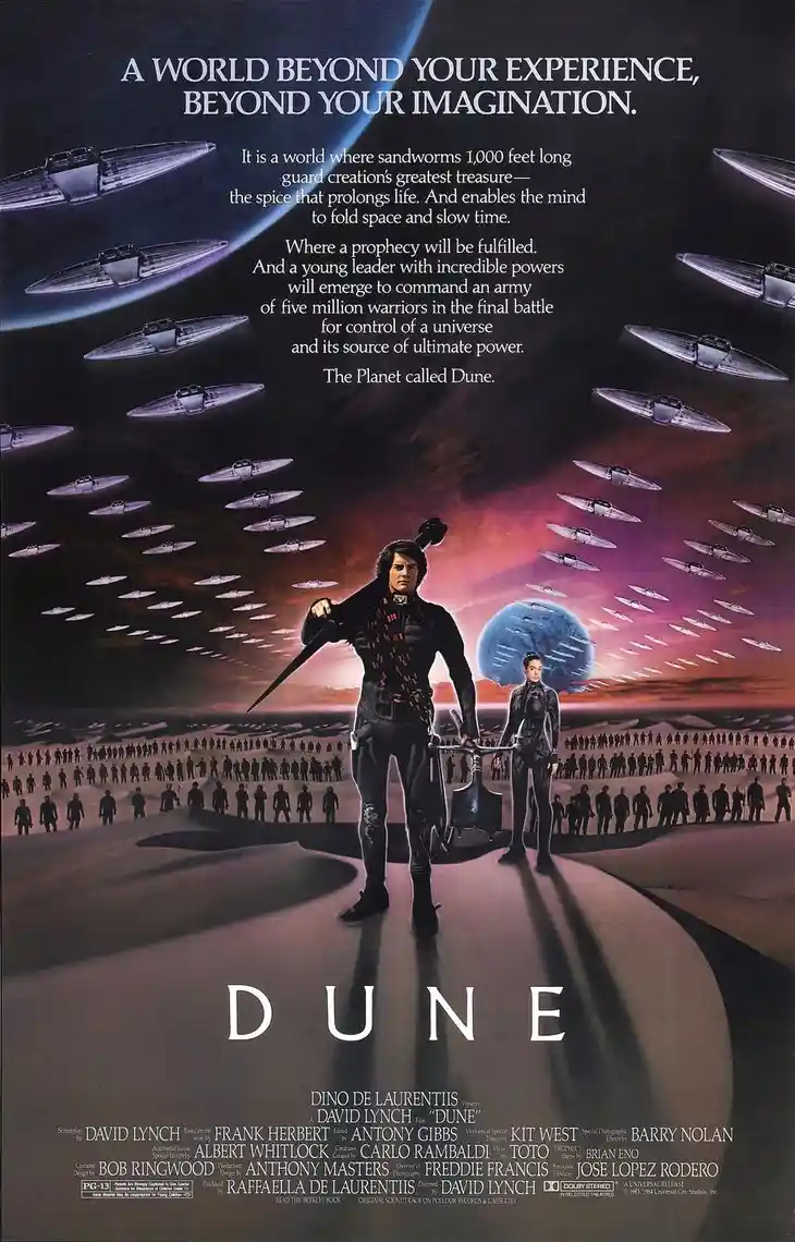 This is the original movie poster for the 1984 film 'Dune,' featuring a dramatic desert scene with two central figures, a…