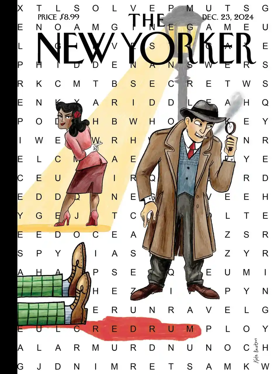 The image is a parody of The New Yorker magazine cover, featuring a detective with a magnifying glass and a woman in a pink…