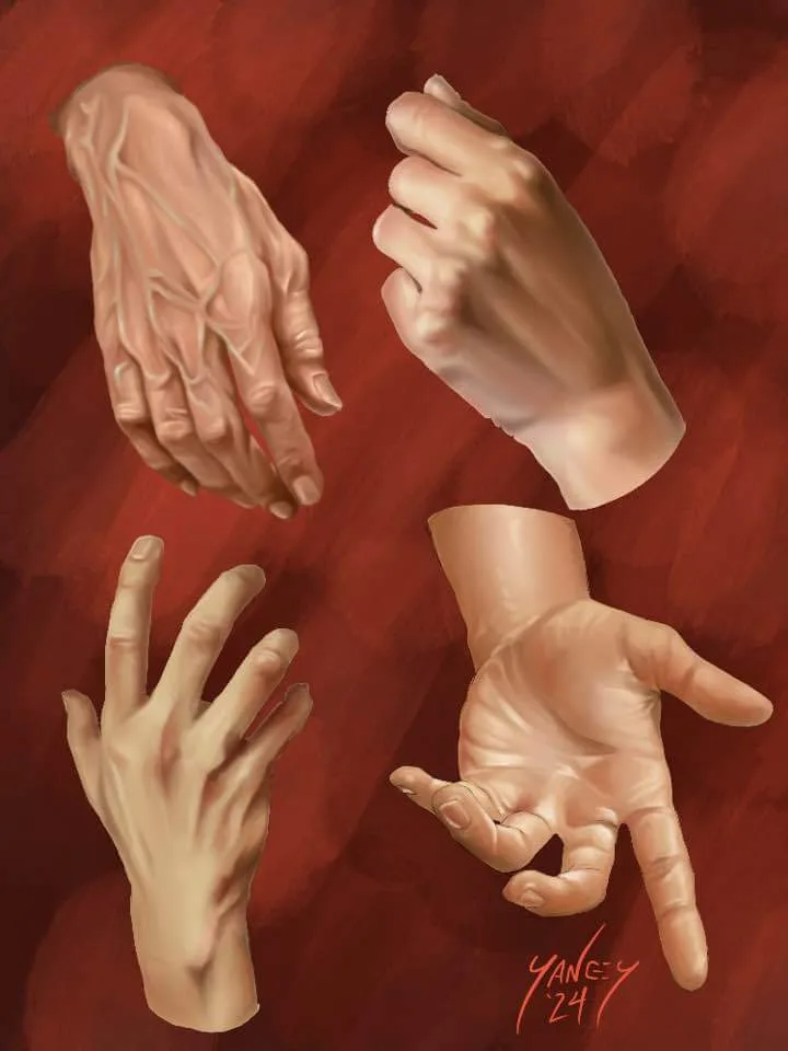 Four detailed, realistic human hands are shown against a textured red background, each in a different pose. One hand has…