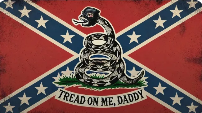 The image displays a Confederate flag design with a coiled rattlesnake in the center, its head raised and mouth open. The…