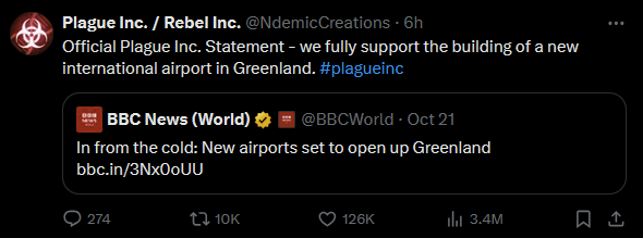 A screenshot of a tweet from Plague Inc. / Rebel Inc. (@NdemicCreations) that reads 'Official Plague Inc. Statement - we…