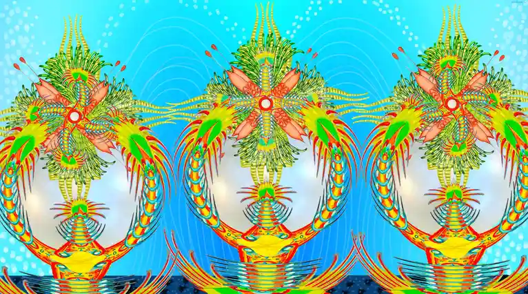 The image displays a symmetrical, psychedelic artwork featuring three mirrored, ornate, dragon-like creatures with vibrant…