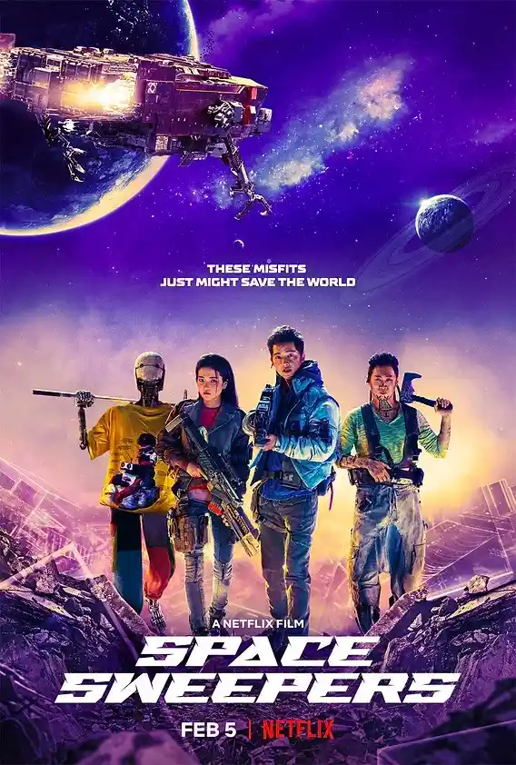 A movie poster for 'Space Sweepers' shows four ragtag space scavengers standing on a debris field against a purple starry…