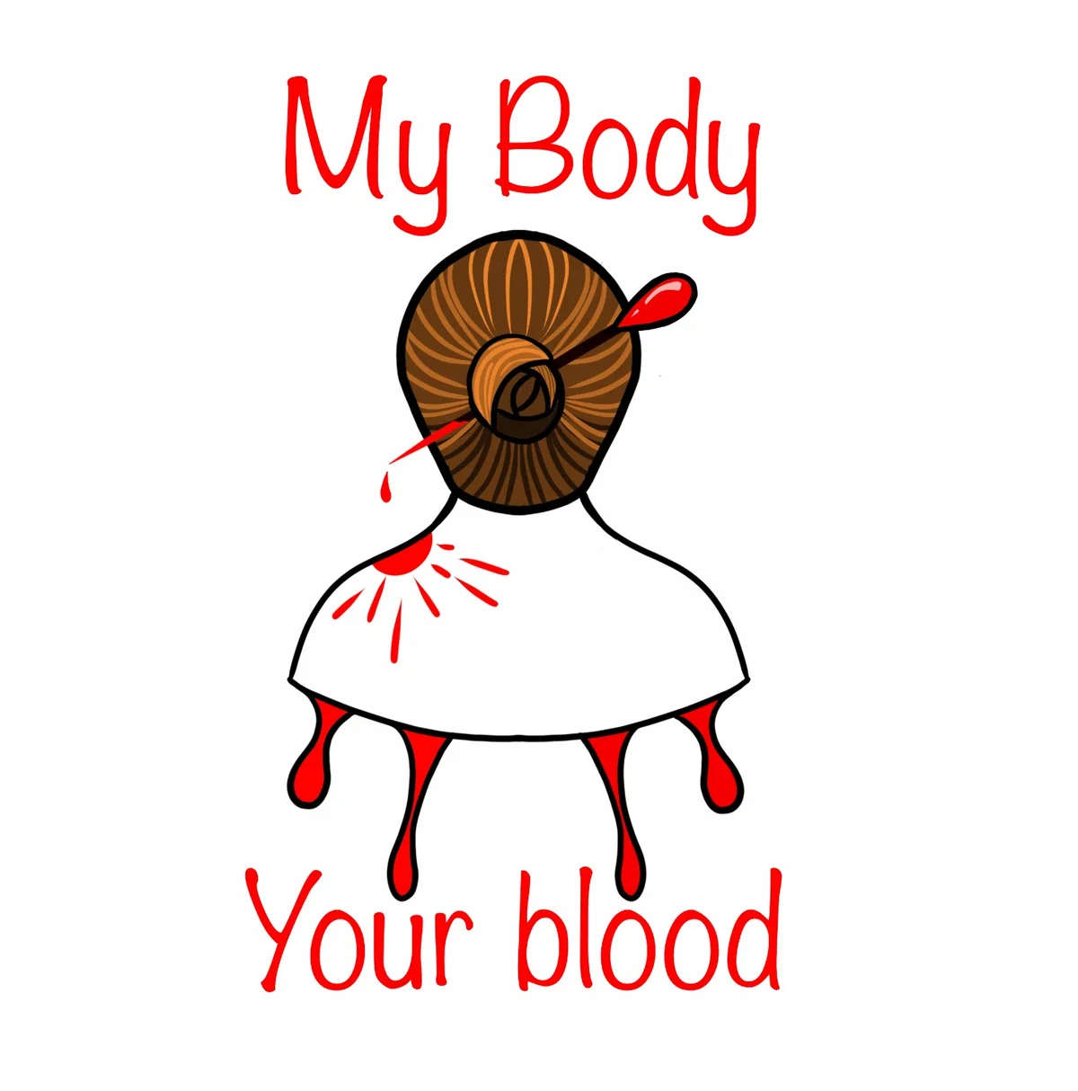 A cartoon drawing of a person viewed from behind, with brown hair in a bun, wearing a white dress. Red liquid, resembling…