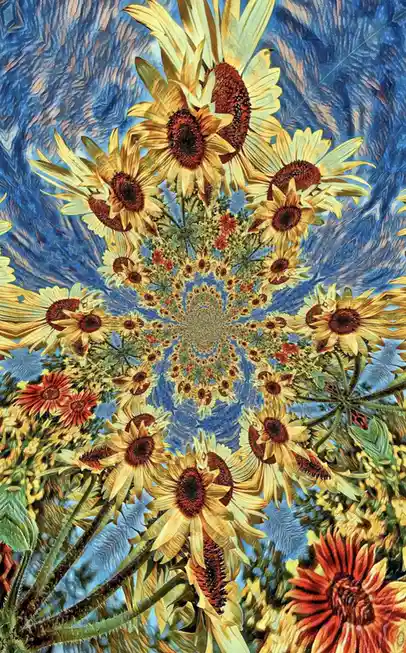 A psychedelic, kaleidoscopic image of sunflowers arranged in a spiraling, fractal pattern against a swirling blue…