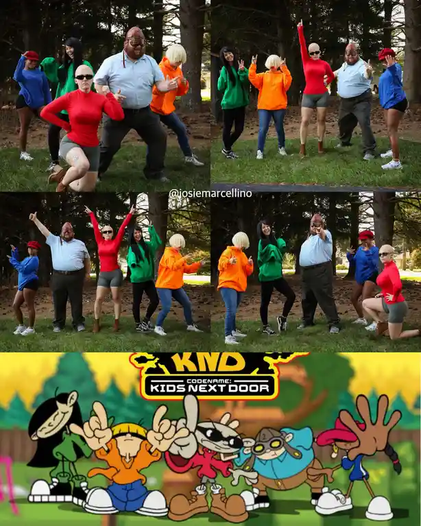 Four photos show five adults dressed as the Kids Next Door characters from the cartoon, striking various poses in a wooded…