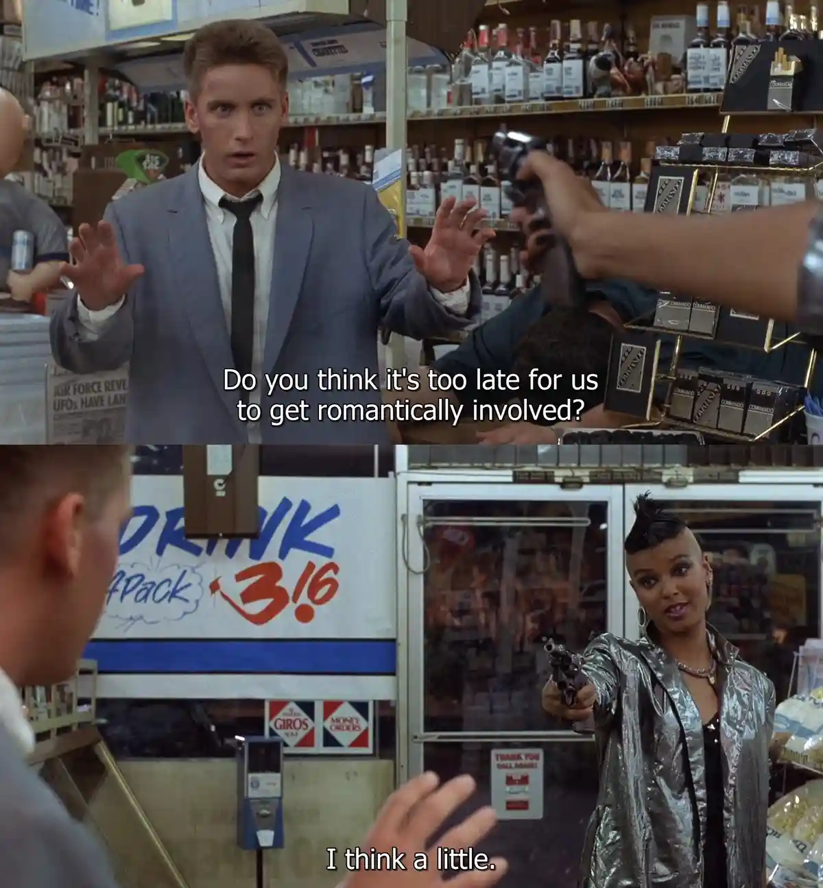 The top panel shows a man in a grey suit with a gun pointed at him in a liquor store, asking if it's too late to get…