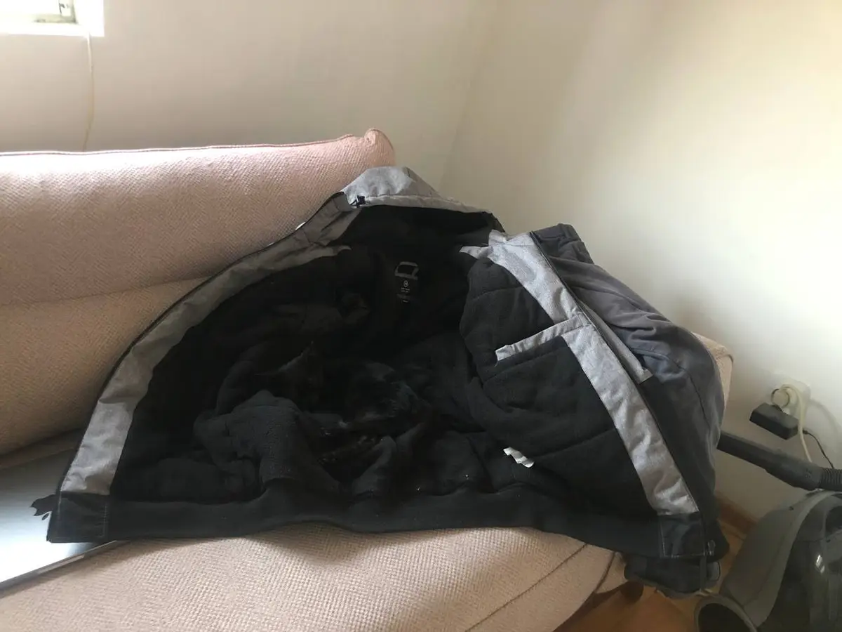 A black cat is curled up and sleeping inside the open, unzipped interior of a dark grey and black jacket draped over a beige…