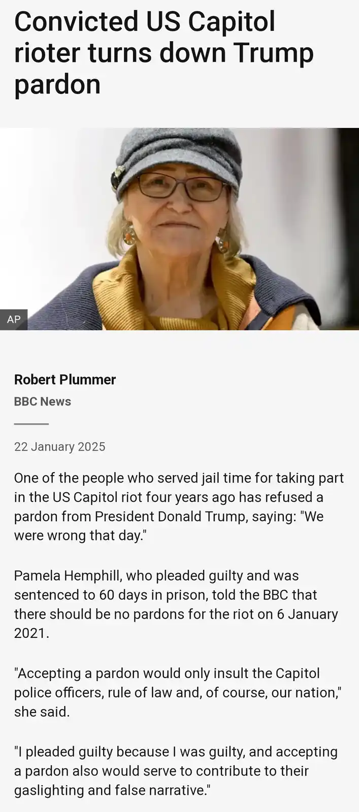 A news article screenshot shows a photo of Pamela Hemphill, an older woman wearing glasses, a grey hat, and a yellow scarf…