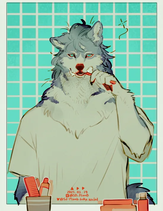 An anthropomorphic wolf with messy grey fur and red eyes is brushing its teeth in front of a teal tiled wall, with…