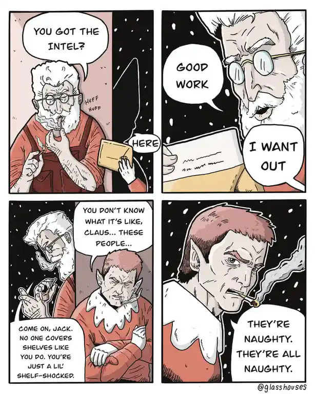 A four-panel comic strip shows Santa Claus and an elf, Jack, in a snowy setting. Santa, smoking a pipe, asks if Jack has the…