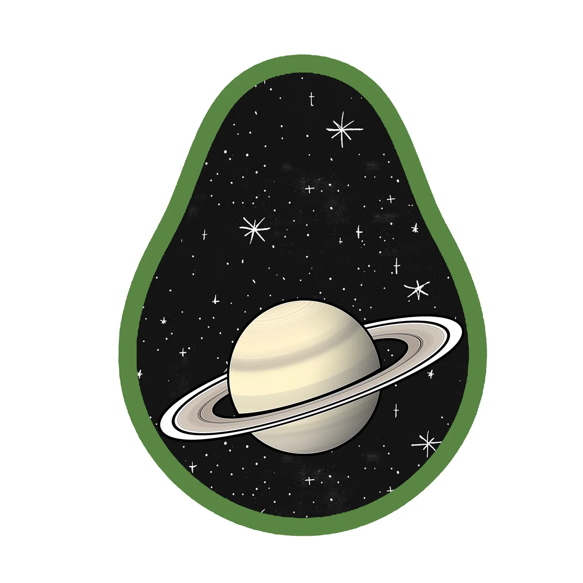 An illustration of Saturn with its rings set against a starry night sky, all contained within the shape of a sliced avocado…