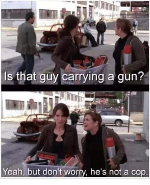 Two women are walking and talking while carrying shopping bags. The top panel shows one woman asking, 'Is that guy carrying…