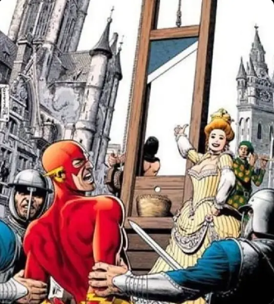 a comic book illustration shows the superhero the flash, in his iconic red suit with a yellow lightning bolt, being…