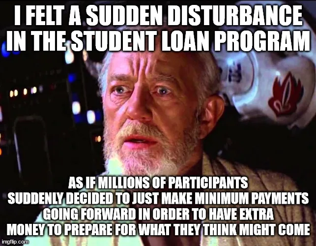 A still image of the character Obi-Wan Kenobi from Star Wars, looking alarmed and concerned, with overlaid white text that…