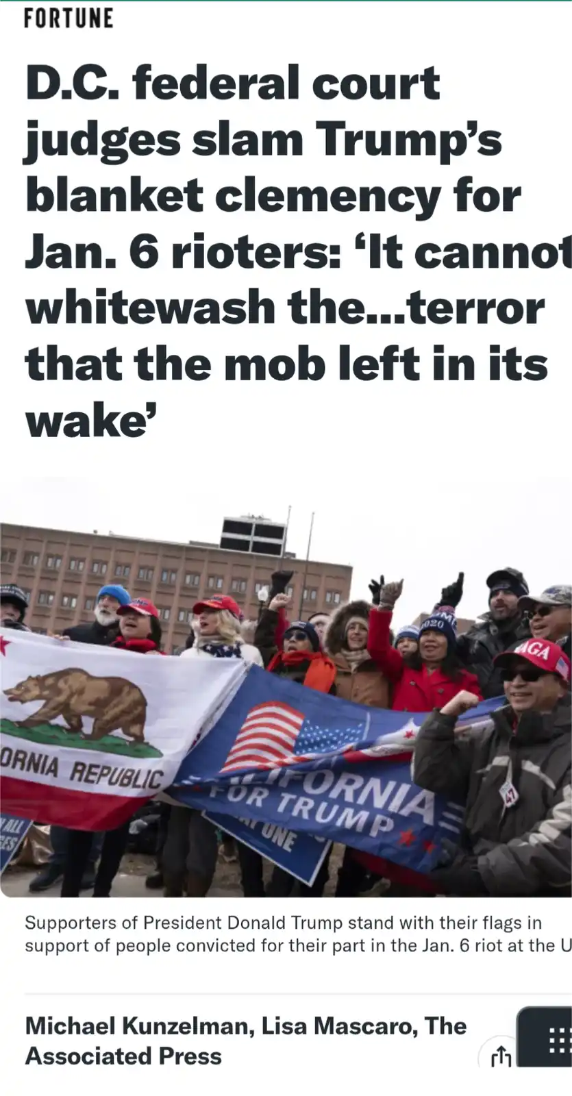A screenshot of a Fortune news article headline about D.C. federal court judges criticizing Trump's blanket clemency for…