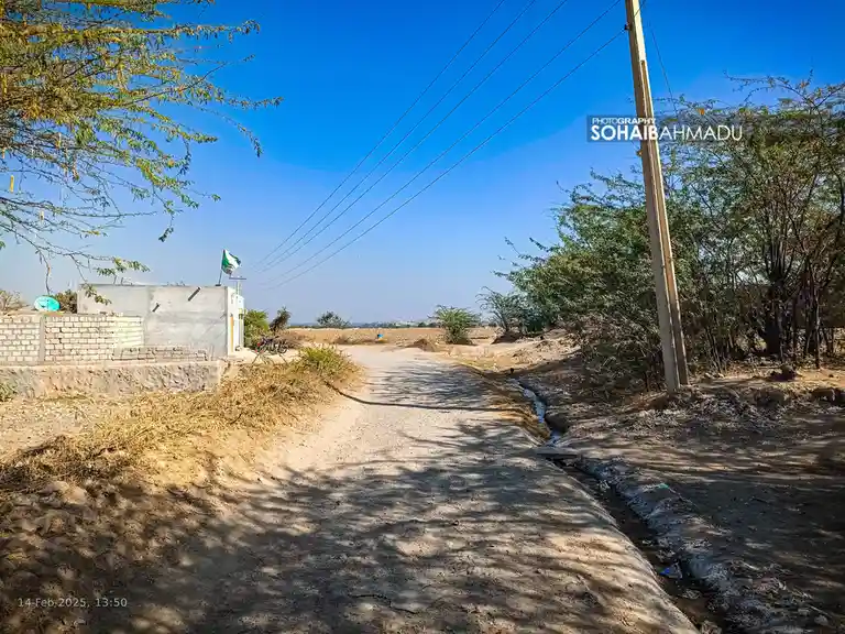 A rural dirt road under a clear blue sky, flanked by trees and a low brick wall with a small building and flag on the left…