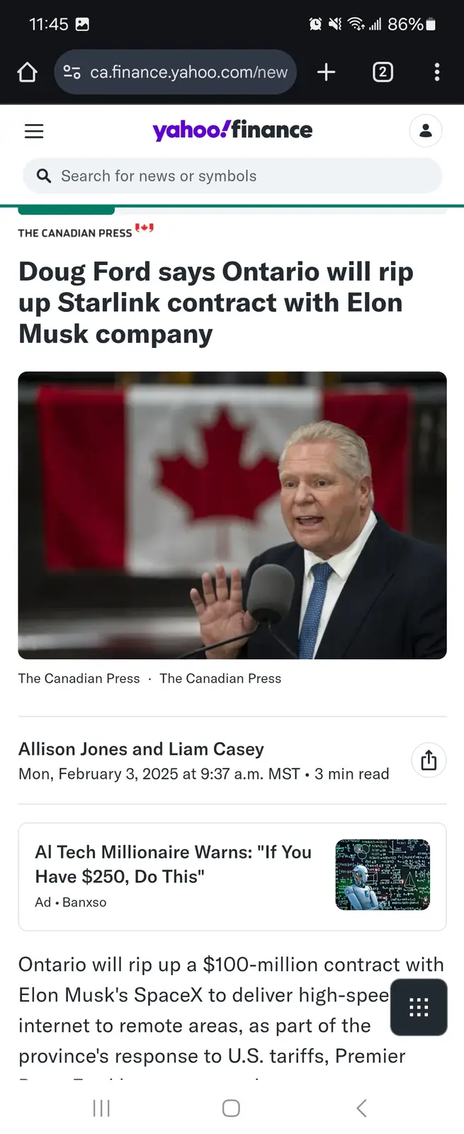 A screenshot of a Yahoo Finance news article from The Canadian Press shows a photo of Doug Ford speaking at a podium with a…