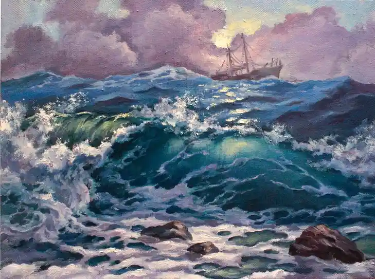 A dramatic oil painting depicts a stormy sea with crashing waves and rocks in the foreground, while a ship sails calmly in…