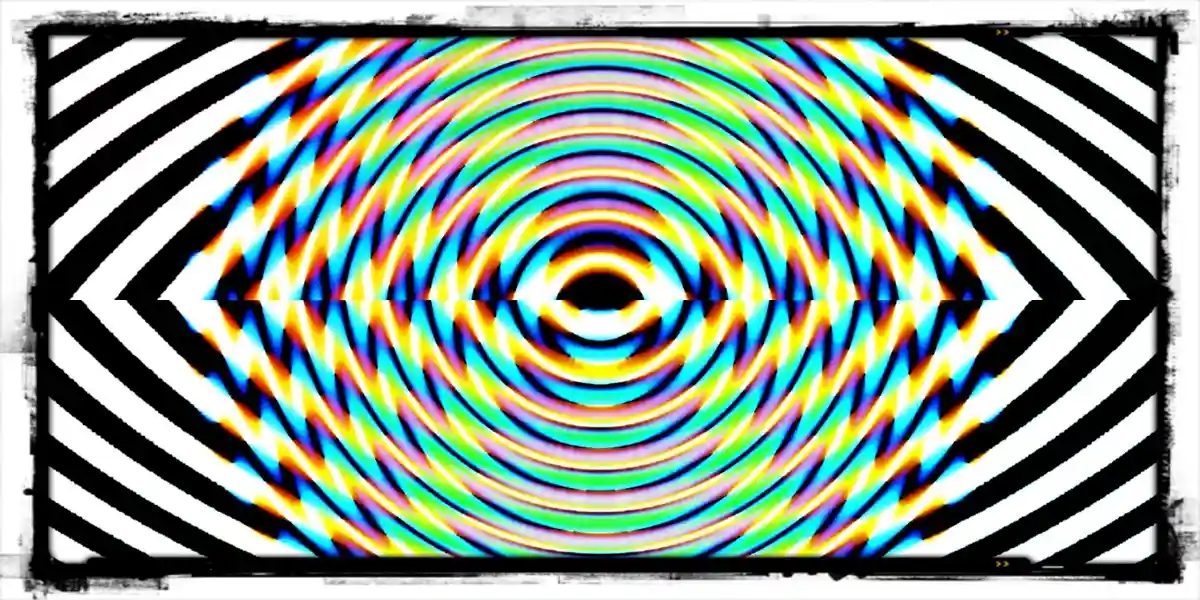A psychedelic, hypnotic image features a central black eye-like shape surrounded by concentric, rainbow-colored rings that…