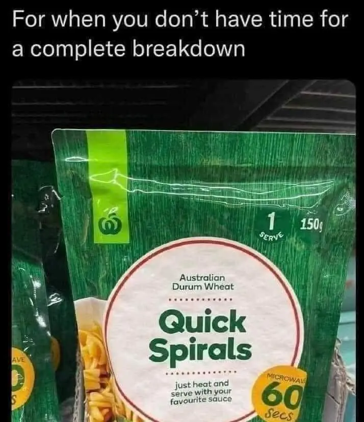 A close-up photo of a green packaged food item labeled 'Quick Spirals' made from Australian Durum Wheat, with text…