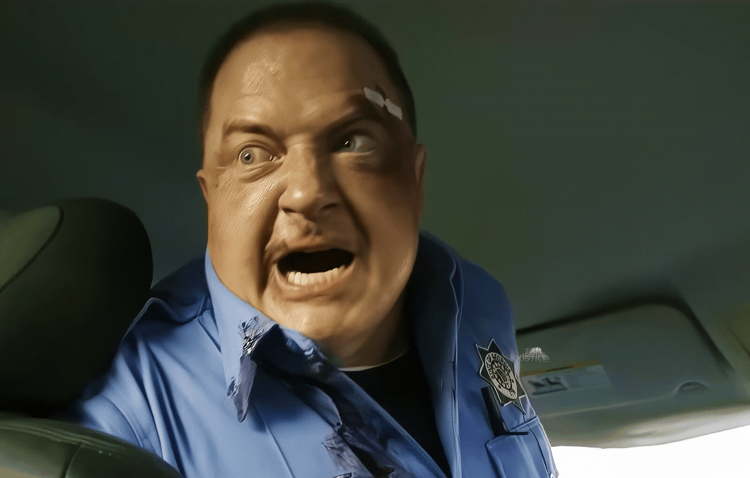 A six-panel meme featuring a man in a blue police uniform with a bandage on his forehead, screaming with increasing…