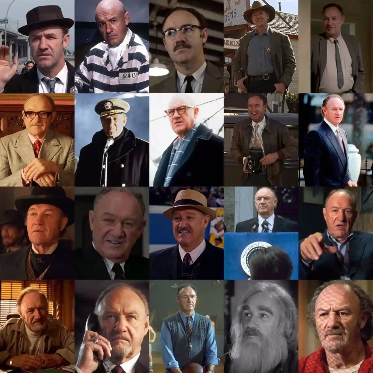 A grid of 16 images showing actor Gene Hackman in various roles, including a fedora-wearing detective, a prisoner in…