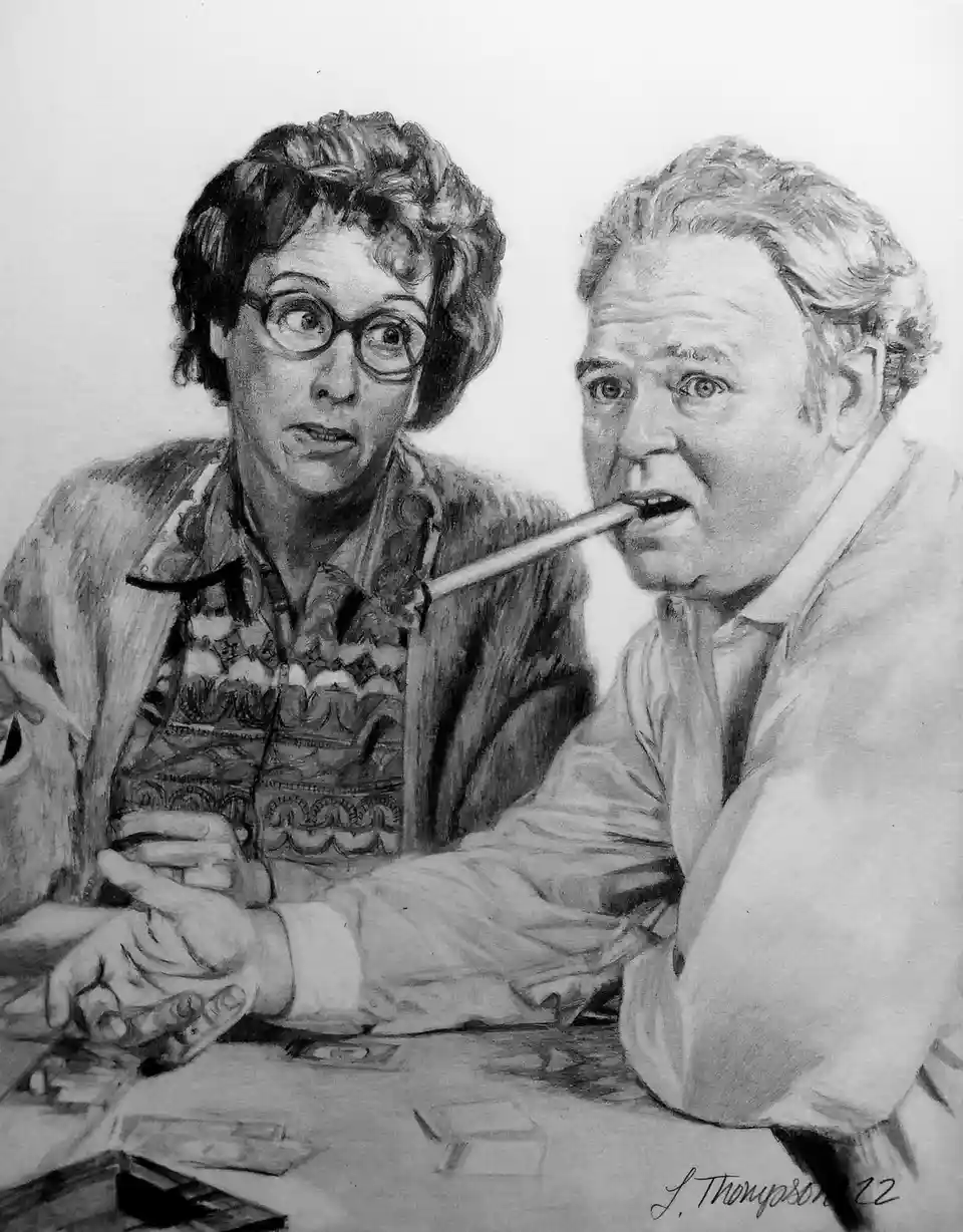 A black-and-white pencil drawing shows two people seated at a table with cards, one man with a pipe in his mouth looking…