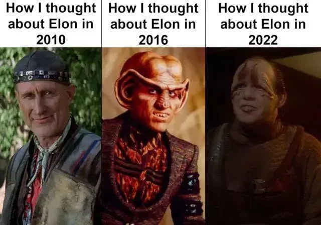 The image is a three-panel meme showing actor Liam Neeson as a calm man in 2010, then as a menacing alien in 2016, and…