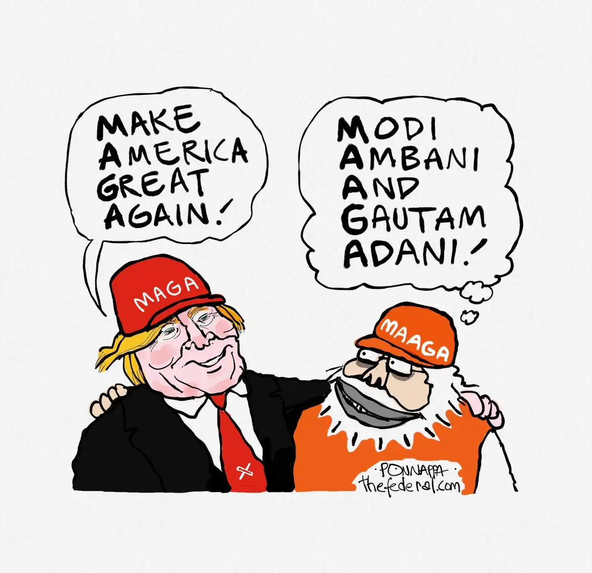 A cartoon depicts two men in a friendly embrace. The man on the left, wearing a red MAGA hat and a red tie, has a speech…