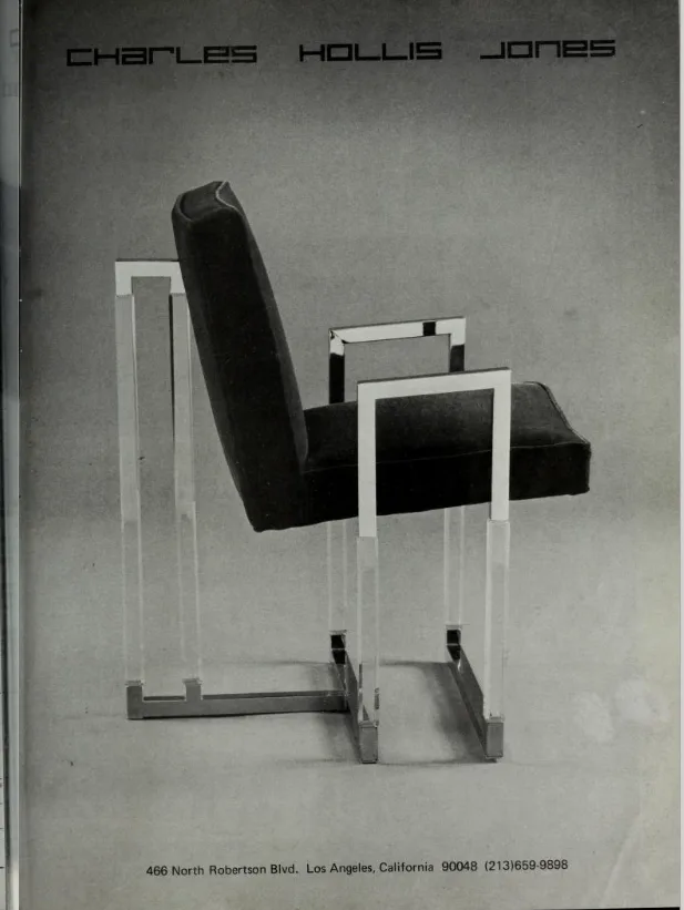A black-and-white photograph of a modernist chair with a dark upholstered seat and back, supported by transparent acrylic…