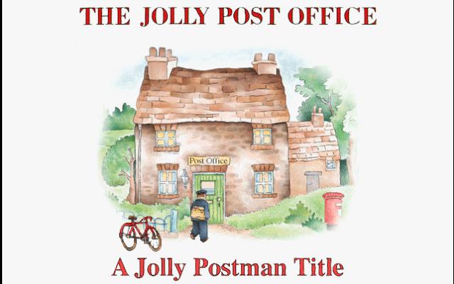 A watercolor illustration of a quaint stone post office with a green door and a sign above it. A postman in uniform walks…