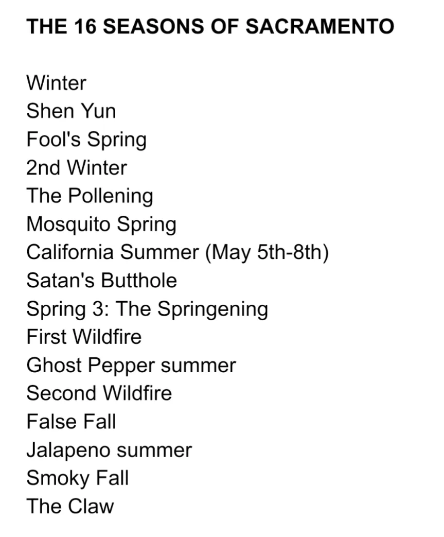 A plain white background displays a list titled 'THE 16 SEASONS OF SACRAMENTO' followed by 16 humorous, absurd, and often…