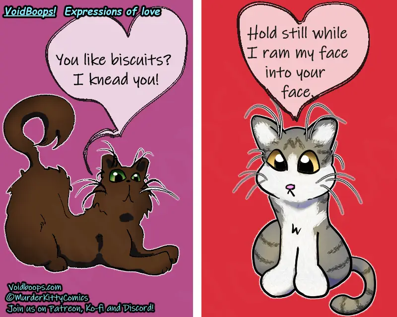 Two cartoon cats are shown side-by-side. The left panel features a brown cat with green eyes lying down, with a speech…