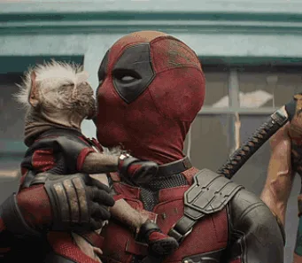 A six-panel image sequence shows the character Deadpool holding a small, white-skinned baby goblin. In the first three…