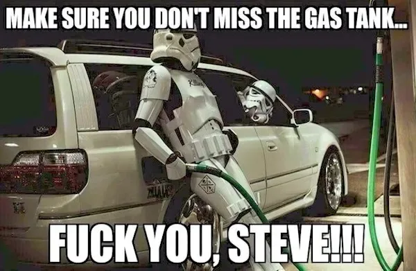 A stormtrooper is shown at a gas station, holding a green fuel nozzle and pumping gas into a white car. Another stormtrooper…