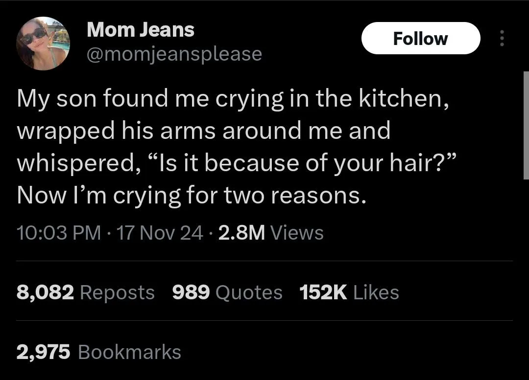 A screenshot of a tweet from the account 'Mom Jeans' showing a post with white text on a black background. The tweet reads…