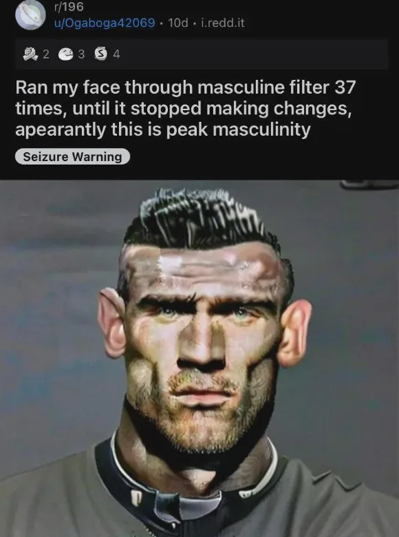The image shows a digitally altered close-up of a man's face with exaggerated, overly sharp features, including a very…