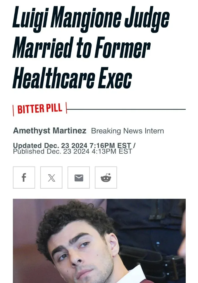 An image mimicking a news article header with bold black text reading 'Luigi Mangione Judge Married to Former Healthcare…