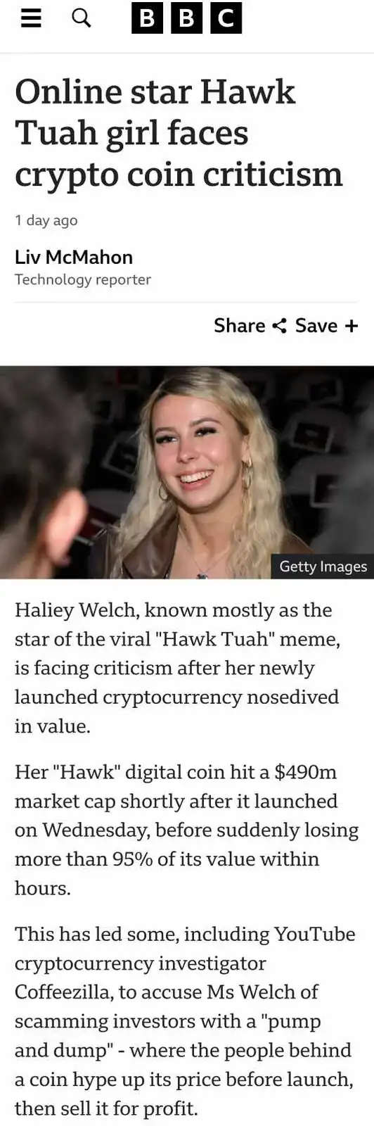 A BBC news article screenshot shows a smiling blonde woman, identified as Halley Welch (aka Hawk Tuah), with the headline…