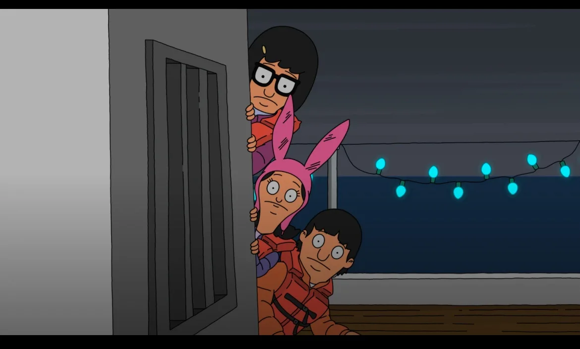 three cartoon characters from Bob's Burgers peek nervously around a corner at night, with blue string lights visible in the…