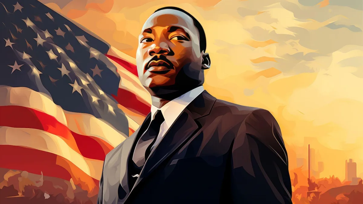 A stylized, colorful illustration depicts Martin Luther King Jr. in a dark suit and tie, looking upward with a serene…