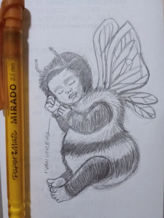 A pencil sketch of a child-like figure with bee stripes, wings, and antennae, sleeping curled up. A yellow Paper Mate Mirado…