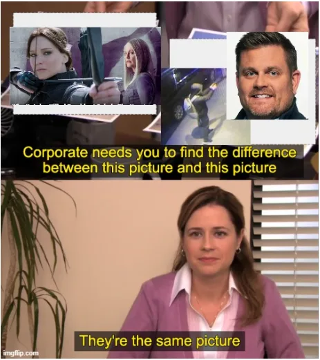 The image is a two-panel meme. The top panel shows a collage of unrelated pictures including a woman with a bow, a woman in…